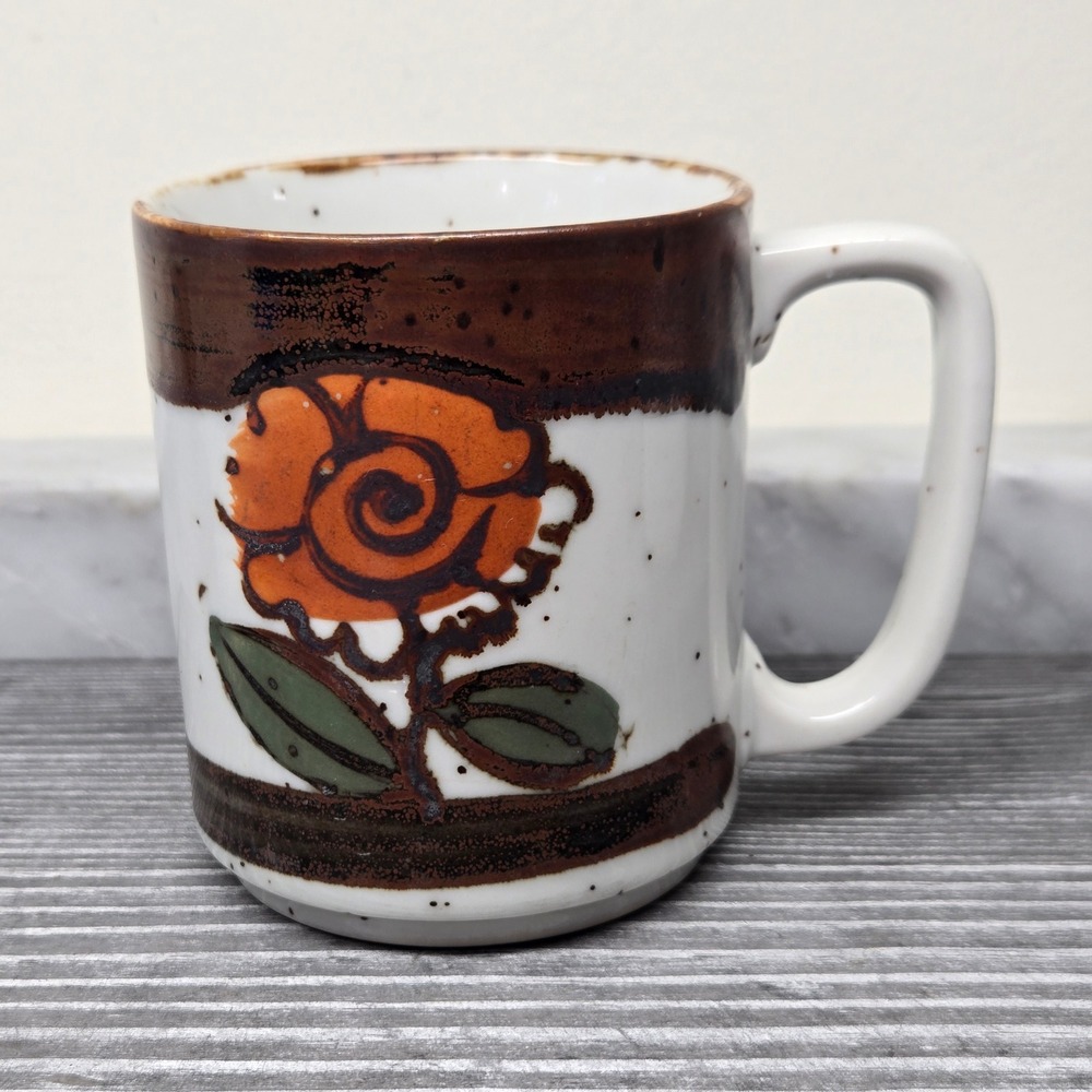 VTG Hand Painted Floral Ceramic Mug Orange Flower Speckled Stoneware Brown Japan